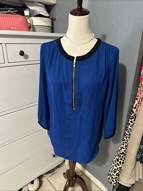 Daniel Rainn Royal Blue Zip-Front Blouse with Black Trim